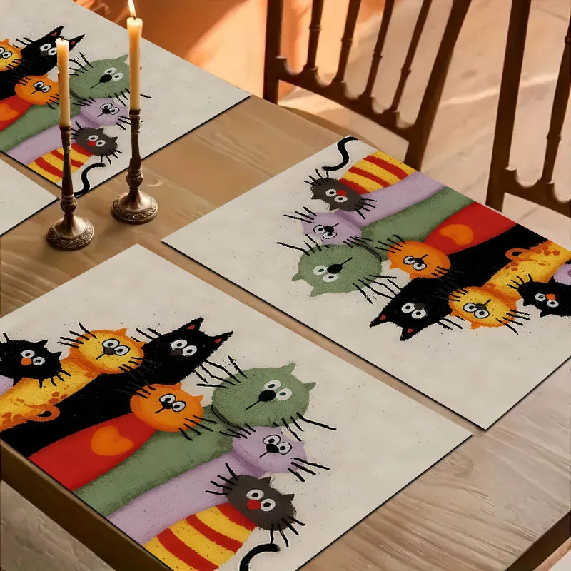 Conjunto 4 Individuais de Mesa 🐈🌿 | Padrão de Gato Colorido | 45x32cm