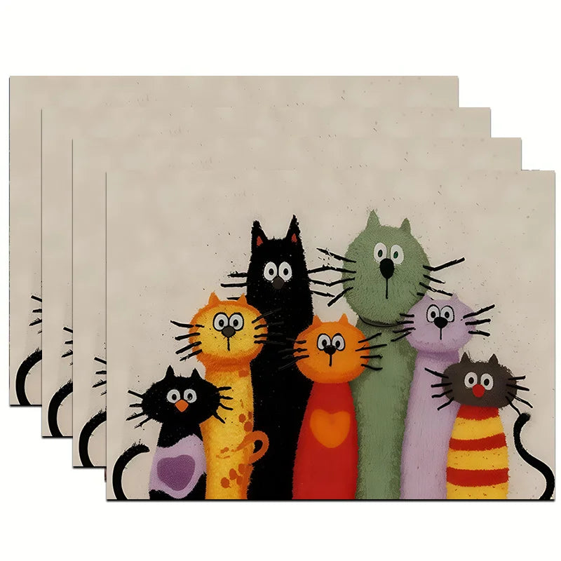 Conjunto 4 Individuais de Mesa 🐈🌿 | Padrão de Gato Colorido | 45x32cm