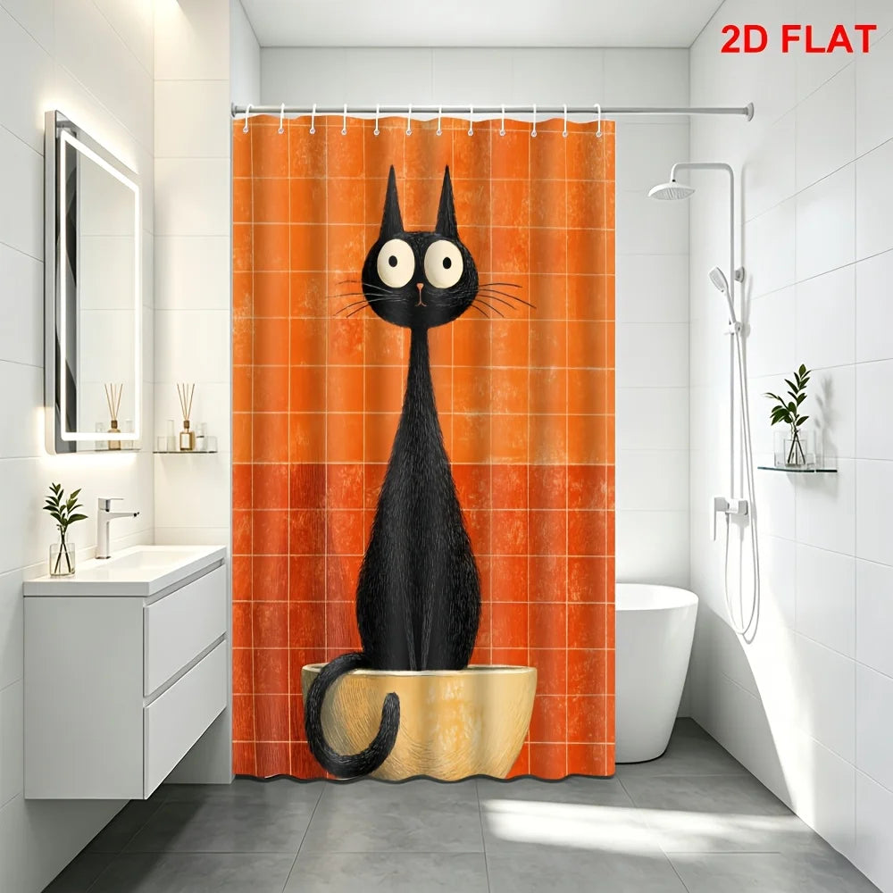 Cortina de Duche | Gato Preto em Azulejos 120x180 🐈✨ Divertida e Impermeável