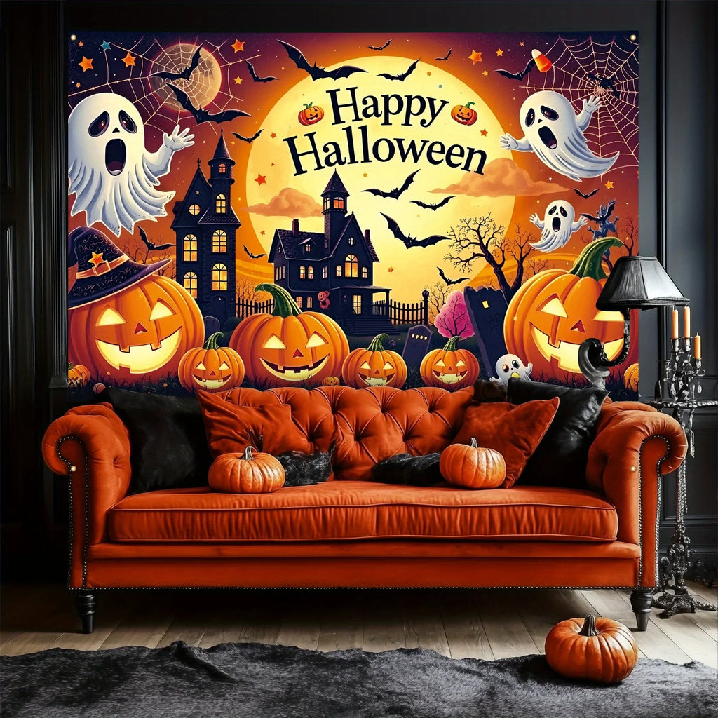CARTAZ de Fundo Halloween 🎃👻 | Castelo, Fantasmas & Abóboras | Vários Tamanhos