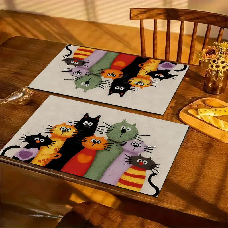 Conjunto 4 Individuais de Mesa 🐈🌿 | Padrão de Gato Colorido | 45x32cm