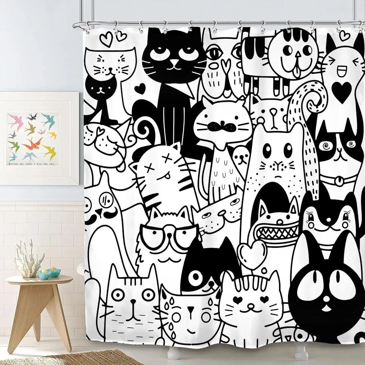 Cortina de Duche | Gatos & Cães Doodle 🐱🐶 150x180cm • Divertida e Impermeável