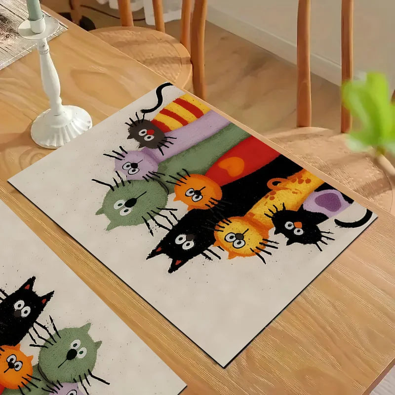 Conjunto 4 Individuais de Mesa 🐈🌿 | Padrão de Gato Colorido | 45x32cm
