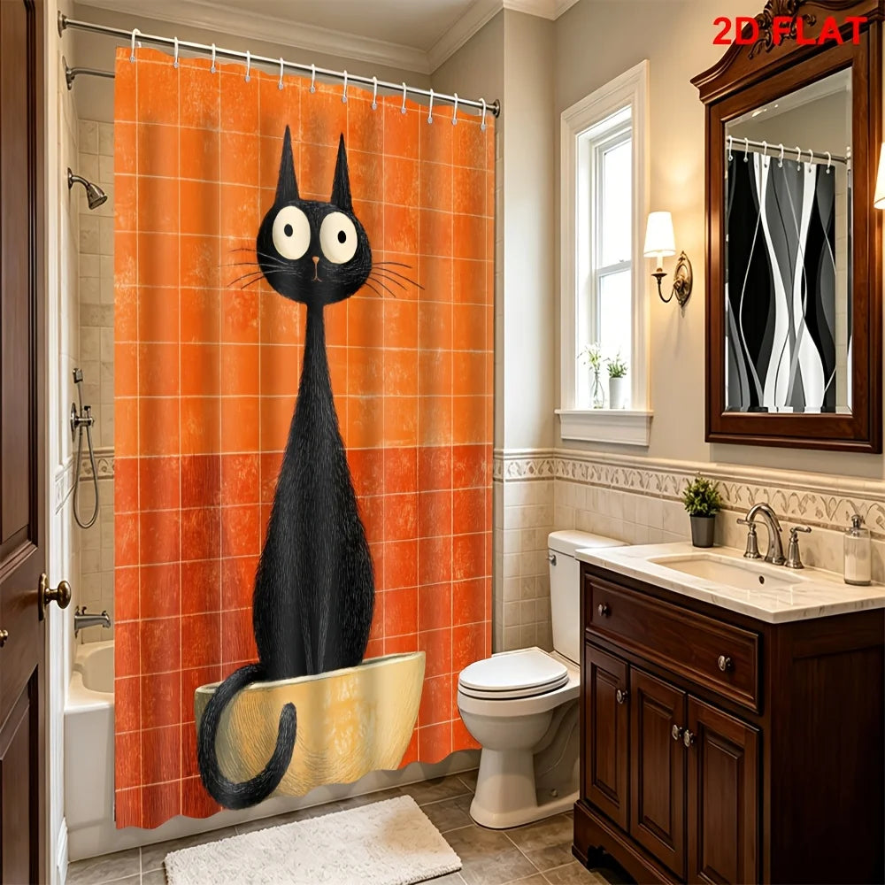 Cortina de Duche | Gato Preto em Azulejos 120x180 🐈✨ Divertida e Impermeável