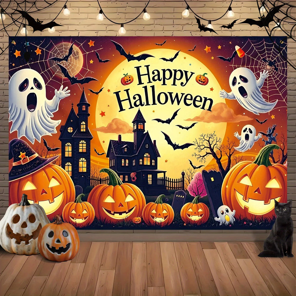 CARTAZ de Fundo Halloween 🎃👻 | Castelo, Fantasmas & Abóboras | Vários Tamanhos
