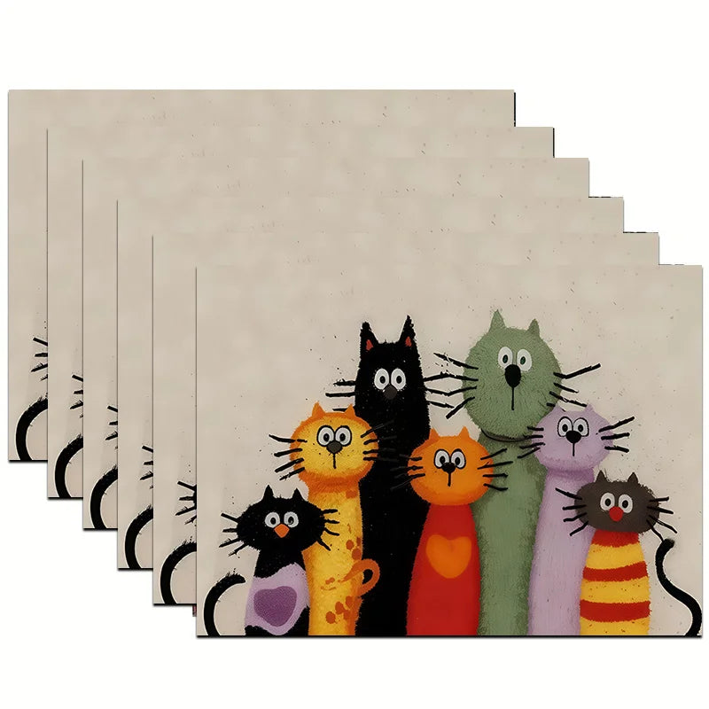 Conjunto 4 Individuais de Mesa 🐈🌿 | Padrão de Gato Colorido | 45x32cm
