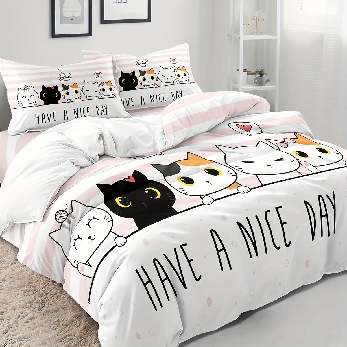Conjunto de Roupa de Cama com Gatos , Corpo e Meio | 100% Algodão • 3 Peças 🐱