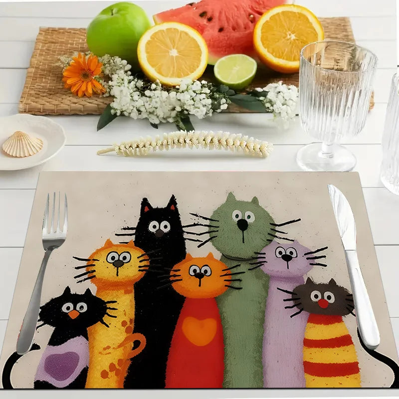Conjunto 4 Individuais de Mesa 🐈🌿 | Padrão de Gato Colorido | 45x32cm
