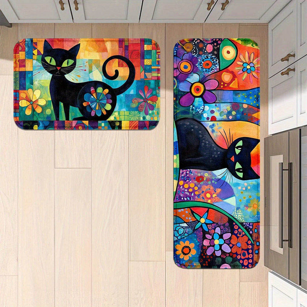 Tapete Comprido Gato Preto Floral 🐈🌸 | Antiderrapante e Lavável | Tamanho: 45x120cm