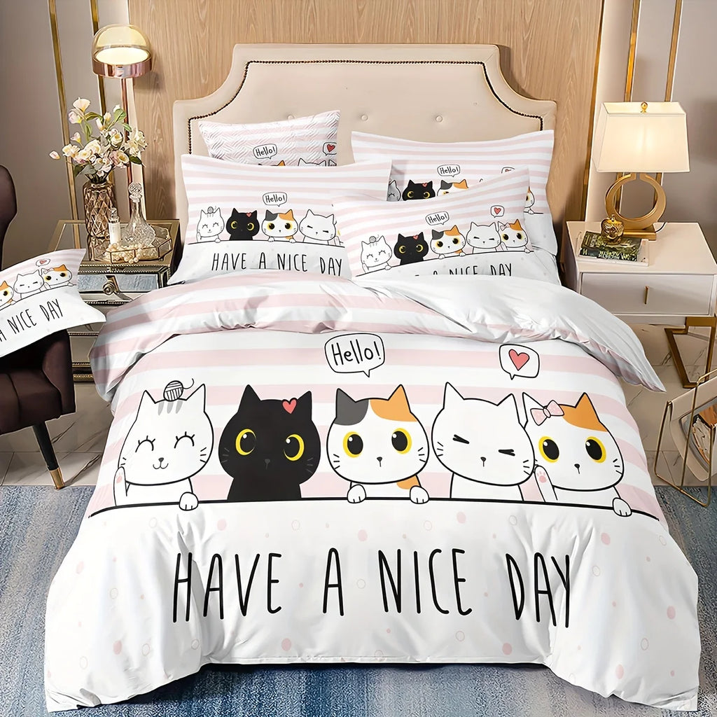 Conjunto de Roupa de Cama com Gatos , Corpo e Meio | 100% Algodão • 3 Peças 🐱