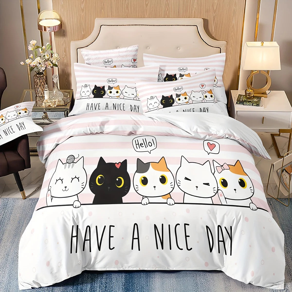Conjunto de Roupa de Cama com Gatos , Corpo e Meio | 100% Algodão • 3 Peças 🐱