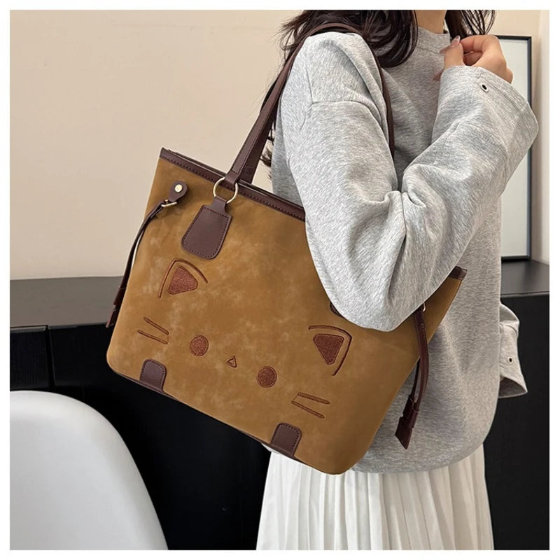 O Teu Gato Merece Estar na Tua Mala — Tote Bag Vintage em PU Grande Capacidade